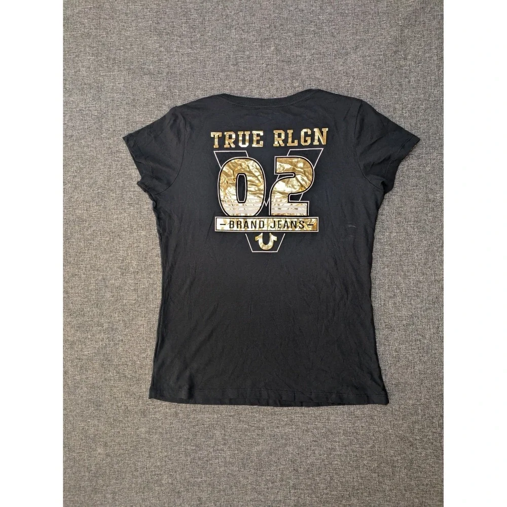 True Religion 02 Brand‎ Jeans Gold Black V-Neck T Shirt Women's LARGE L Top